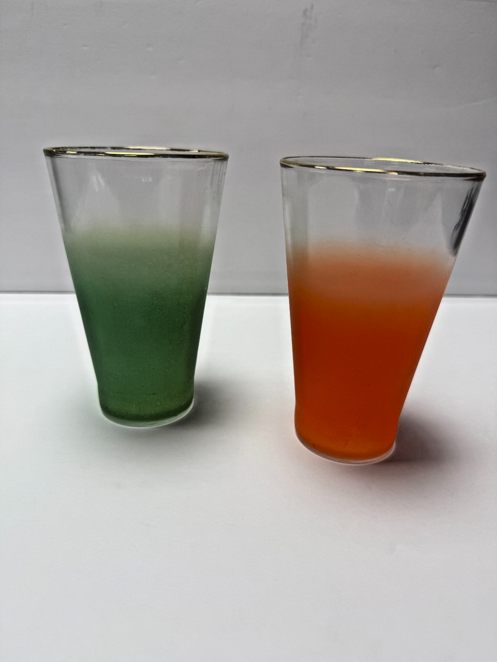 Vintage Frosted Glass Tumblers Green Orange Gold Rim Mid Century Style Set of 2